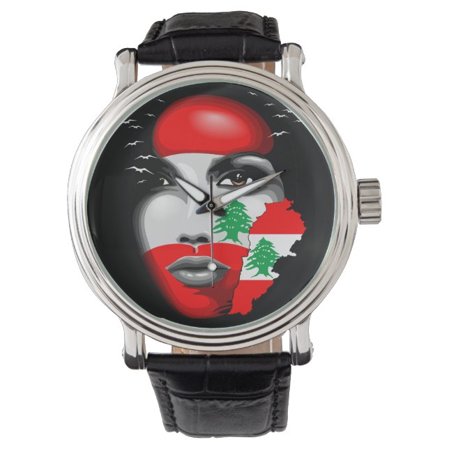 Libanonflagge und -karte im Gesicht eines Mädchens Armbanduhr (Vorderseite)