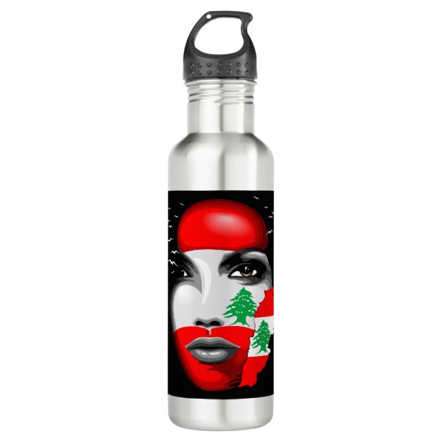 Libanonflagge und -karte im Gesicht eines Mädchens Edelstahlflasche (Vorderseite)