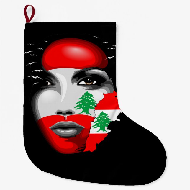 Libanonflagge und -karte im Gesicht eines Mädchens Großer Weihnachtsstrumpf (Vorderseite)
