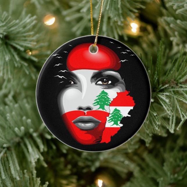 Libanonflagge und -karte im Gesicht eines Mädchens Keramik Ornament (Baum)