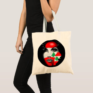 Libanonflagge und -karte im Gesicht eines Mädchens Tragetasche
