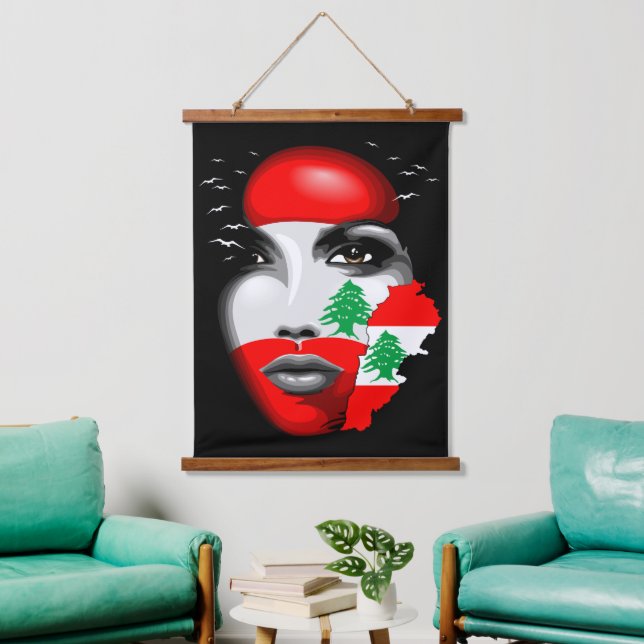 Libanonflagge und -karte im Gesicht eines Mädchens Wandteppich Mit Holzrahmen (Wohnzimmer)