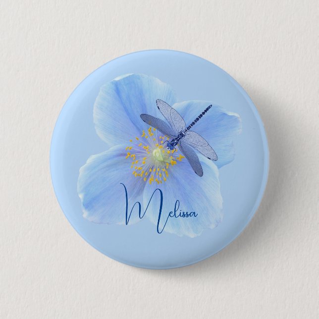 Libelle auf Blaue Mohn-Bluse-Knopf Button (Vorderseite)