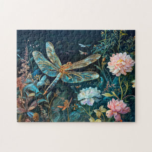 Libelle bei Nacht in einem Garten mit Pfingstrosen