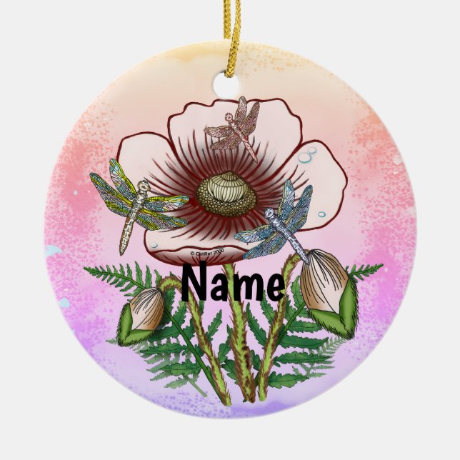 Libelle Blasse Mohnblume  Keramik Ornament (Vorne)