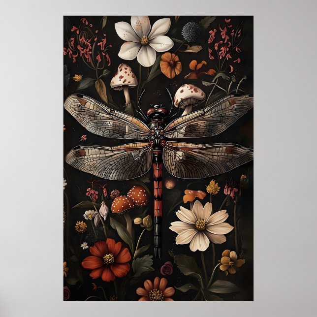 Libelle Dark Academia Druck, Düstere Blumen Garten Poster (Vorne)