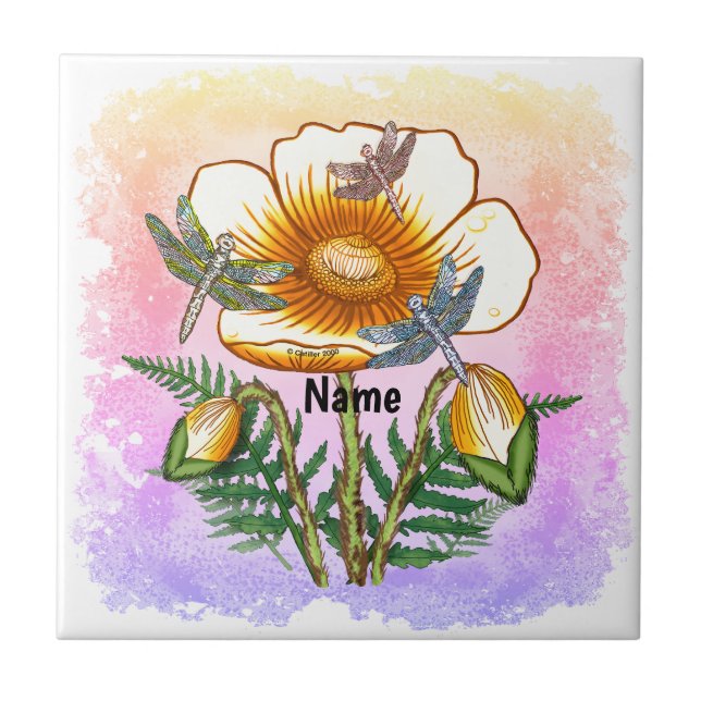 Libelle Gelber Mohn  Fliese (Vorderseite)