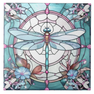 Libelle hellblau und weiß Buntglas Fliese