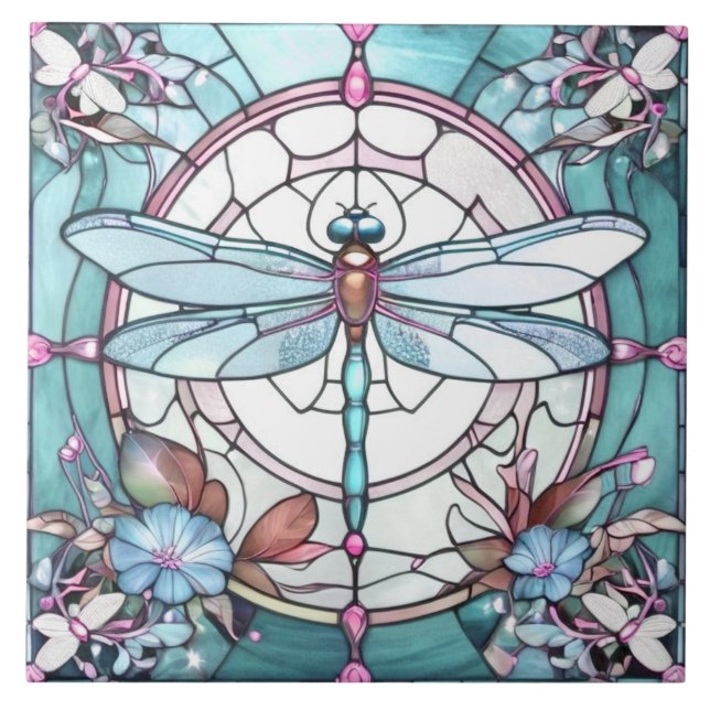 Libelle hellblau und weiß Buntglas Fliese (Vorderseite)