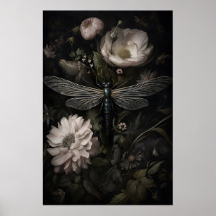 Libelle im dunklen Blumen-Garten-Druck, Moody Poster