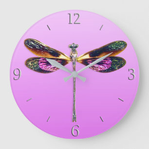 Libelle im Silber, Gold, lila und schwarz Große Wanduhr