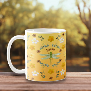 Libelle in Gold, grüne, gelbe Blumen Kaffeetasse