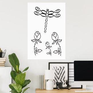 Libelle Infinity mit Rosen Schwarz und Weiß Poster