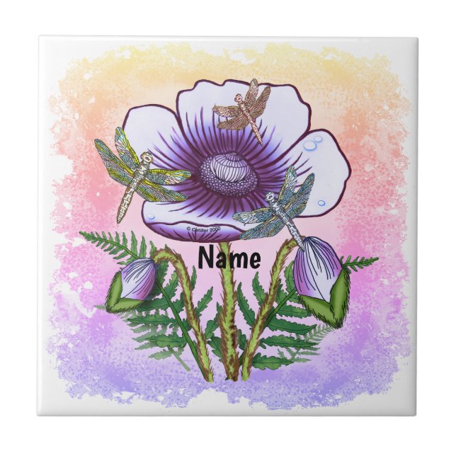 Libelle Lila Mohn  Fliese (Vorderseite)