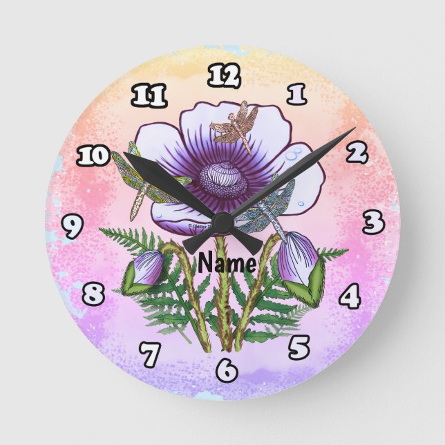 Libelle Lila Mohn Runder Uhr (Vorderseite)