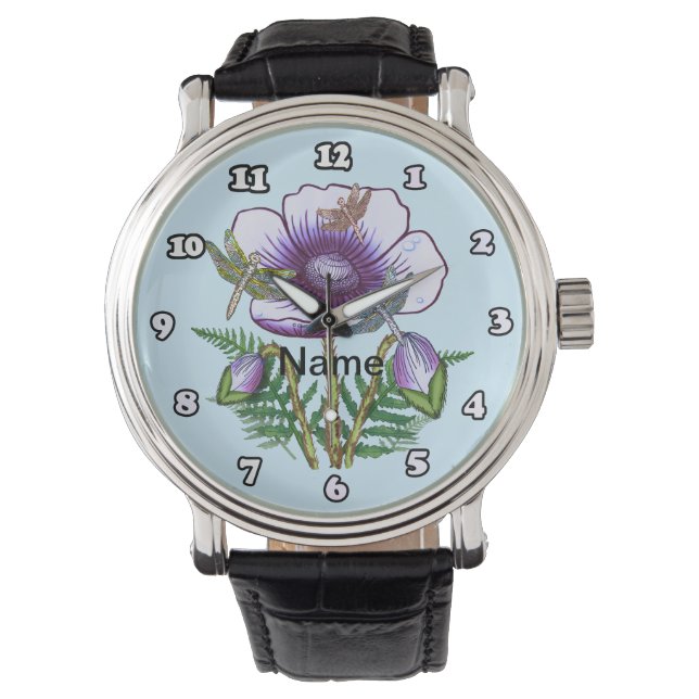 Libelle Lila Mohn Uhr (Vorderseite)