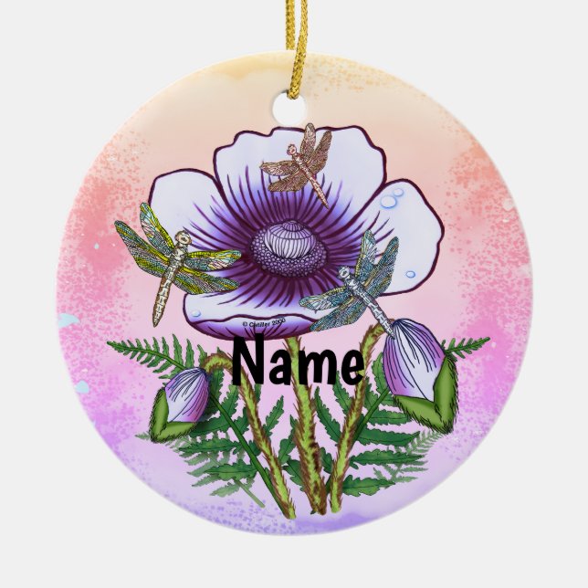 Libelle Lila Mohnblume Keramik Ornament (Vorne)