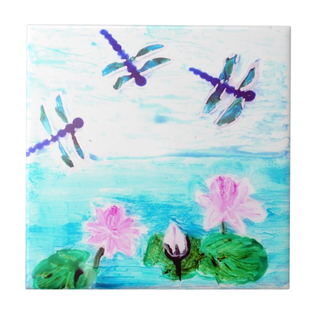 Libelle, Lilien-Blumen-Teich-Malerei Fliese (Vorderseite)