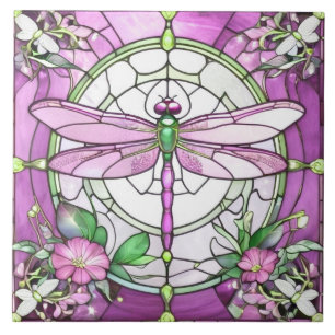 Libelle Magenta Rosa und Weiß Buntglas Fliese