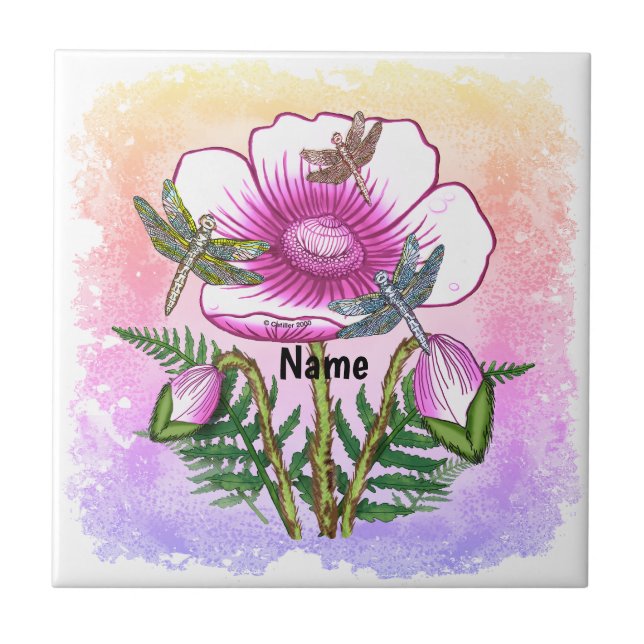 Libelle Pink Mohn  Fliese (Vorderseite)