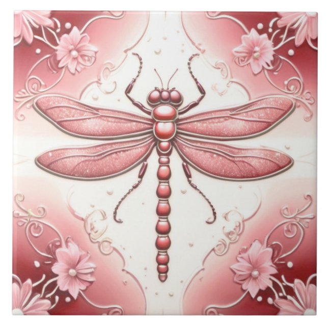 Libelle Rot und Weiß Blumen Kunst Fliese (Vorderseite)
