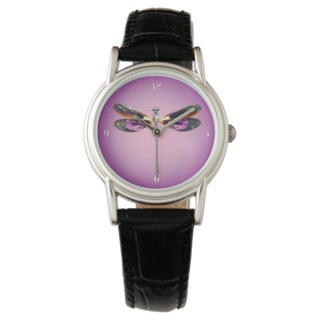 Libelle, silber, gold, lila und schwarz armbanduhr (Vorderseite)