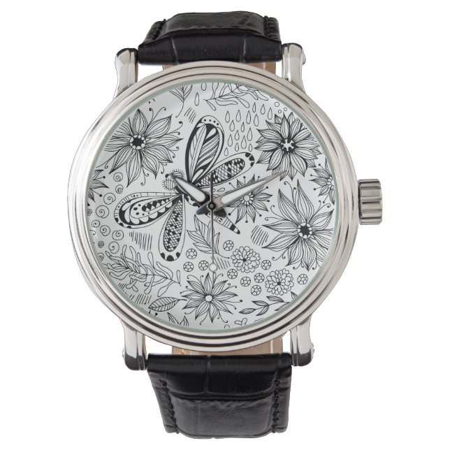 Libelle und Blume-Doodle Armbanduhr (Vorderseite)