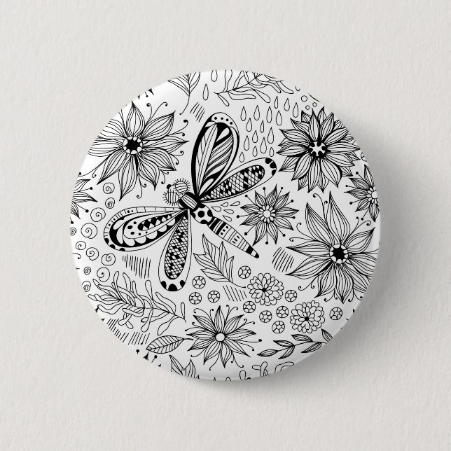 Libelle und Blume-Doodle Button (Vorderseite)