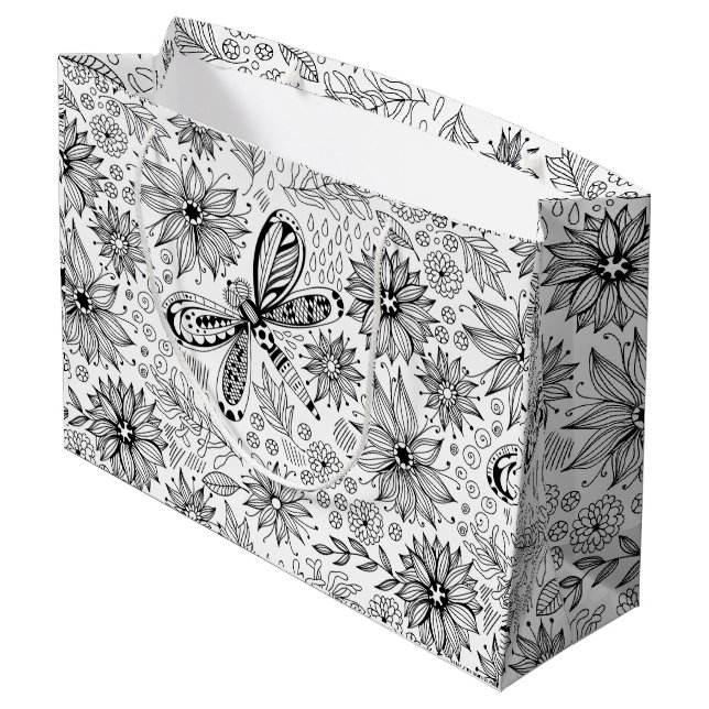 Libelle und Blume-Doodle Große Geschenktüte (Rückseite Schrägansicht)