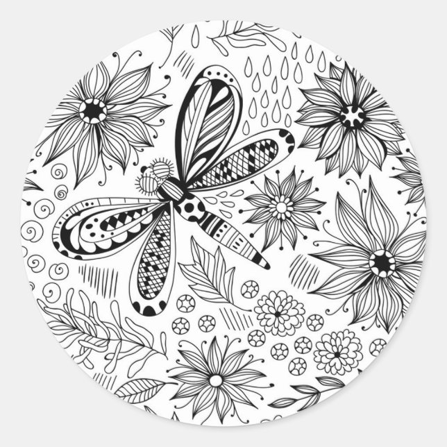 Libelle und Blume-Doodle Runder Aufkleber (Vorderseite)