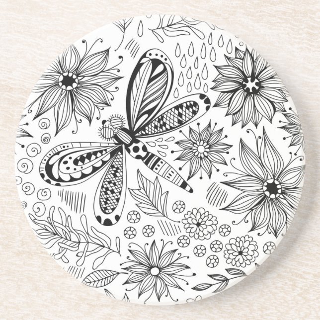 Libelle und Blume-Doodle Sandstein Untersetzer (Vorne)