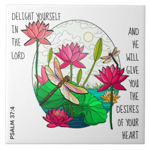 Libelle und Blume, Vers aus Psalm 37:4 Fliese