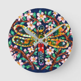 Libelle und Kirschblüte Runde Wanduhr