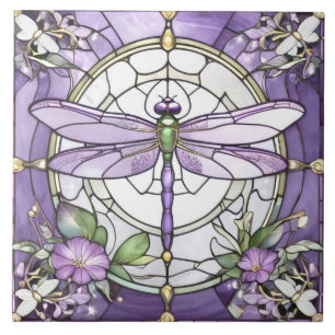 Libelle Violett und Weiß Buntglas-Blume Fliese