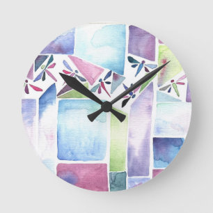 Libellen-Aquarell-Pastell Runde Wanduhr