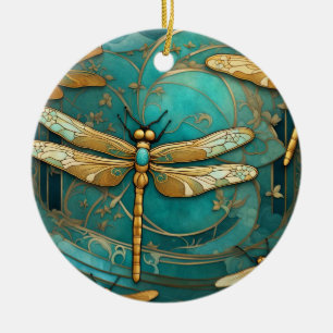 Libellen Art Nouveau Art Deco Türkis & Gold Insekt Keramik Ornament