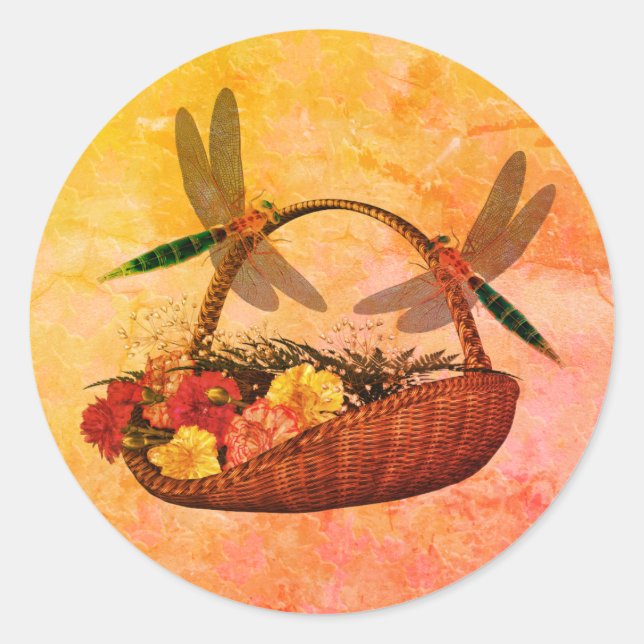Libellen auf Blume Basket Nature Art Runder Aufkleber (Vorderseite)