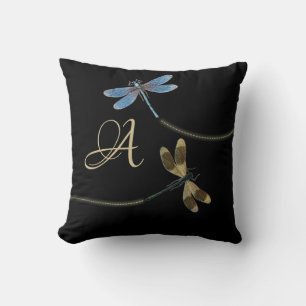 Libellen auf dem Schwarzen Monogramm Kissen