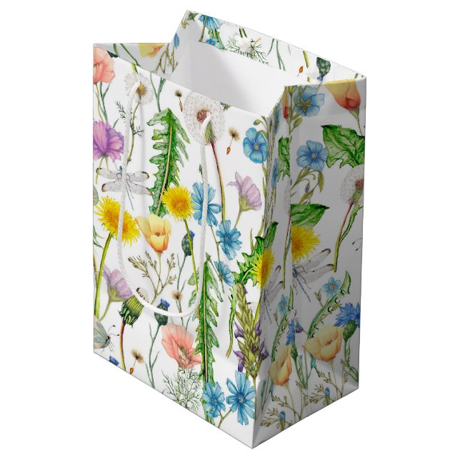 Libellen auf Wildblumen Mittlere Geschenktüte (Vorderseite Schrägansicht)