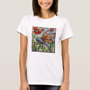 Libellen-Buntglas-Rote-Mohnblumen-Insekten-Kunst T-Shirt