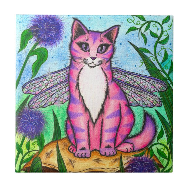 Libellen-feenhafte Katzen-Fantasie-Kunst-Fliese Fliese (Vorderseite)