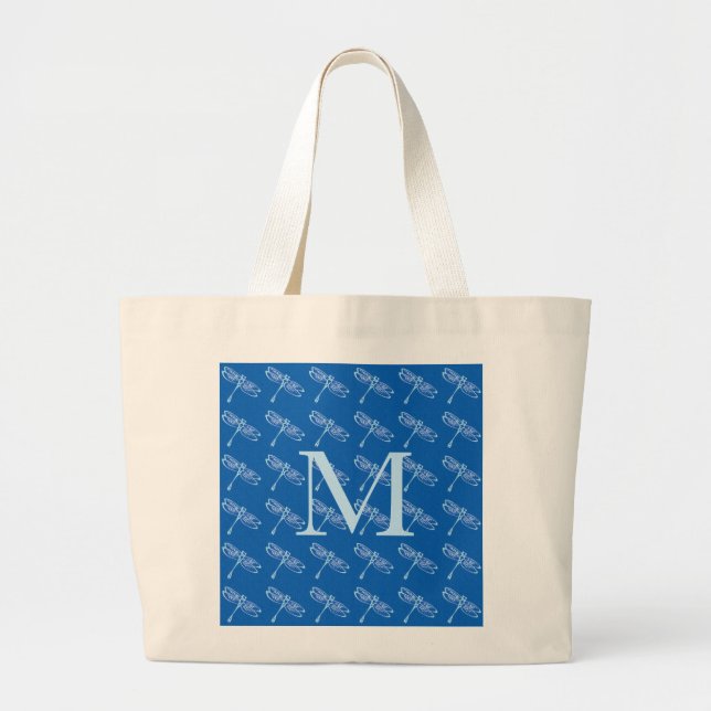Libellen mit Monogramm auf Denim Blau Jumbo Stoffbeutel (Vorne)