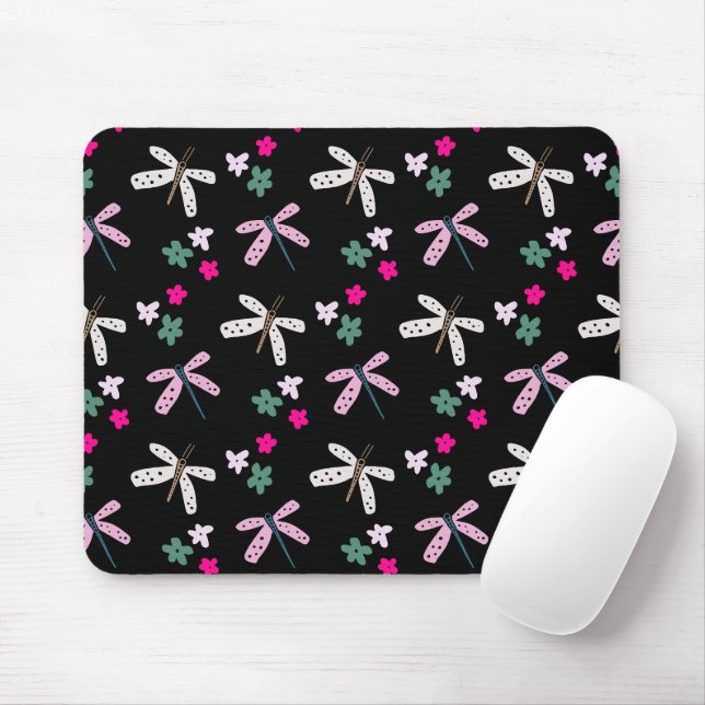 Libellen und Blume auf schwarz Mousepad (Mit Mouse)