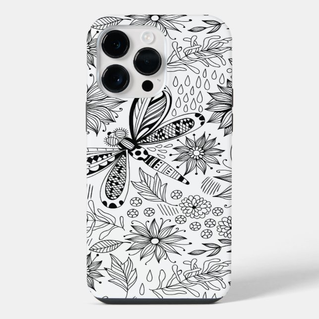 Libellen- und Blumengrafitto iPhone 14 Pro Max Hülle (Rückseite)