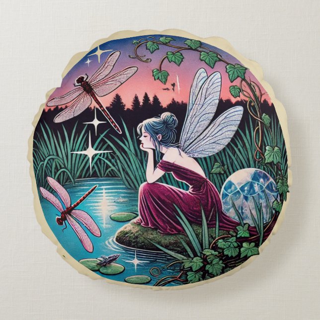 Libellen und Fairy Rundes Kissen (Vorderseite)