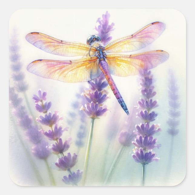 Libellen und Lavendel blühen Quadratischer Aufkleber (Vorderseite)