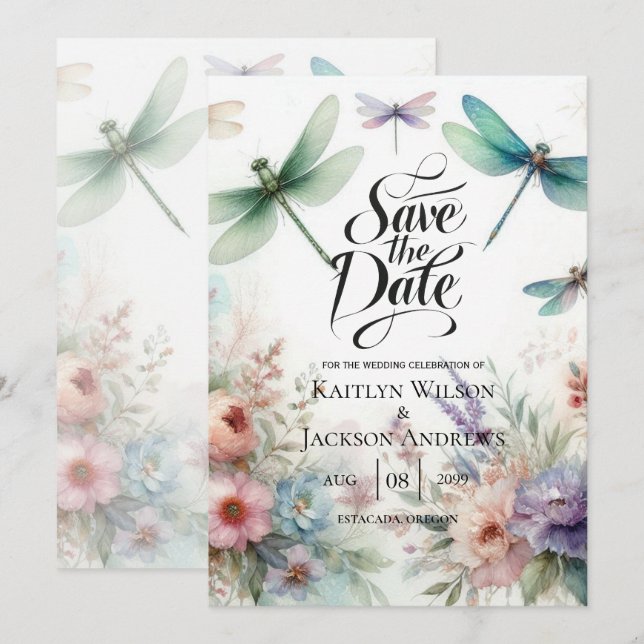 Libellen und Pastell-Blumen Save the Date (Vorne/Hinten)