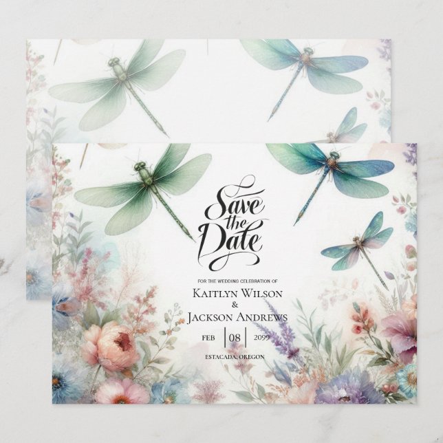 Libellen und Pastell-Blumen Save the Date (Vorne/Hinten)