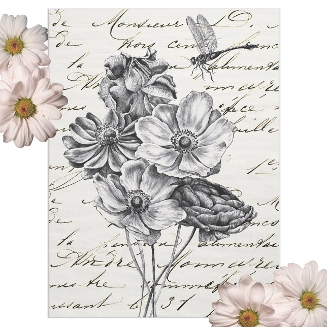 Libellen-Wildblumen-Französische-Script-Decoupage- Seidenpapier (Von Creator hochgeladen)