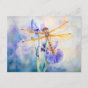 Libellenfliege auf einem lily watercolor-Gemälde Postkarte
